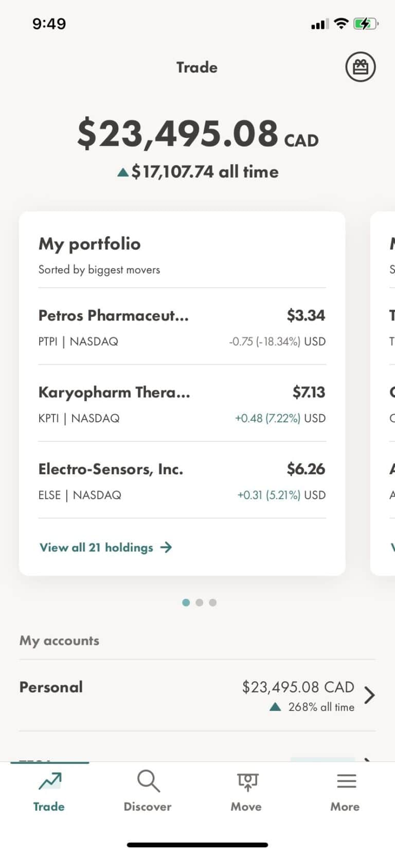 Wealthsimple Trade Portfolio page